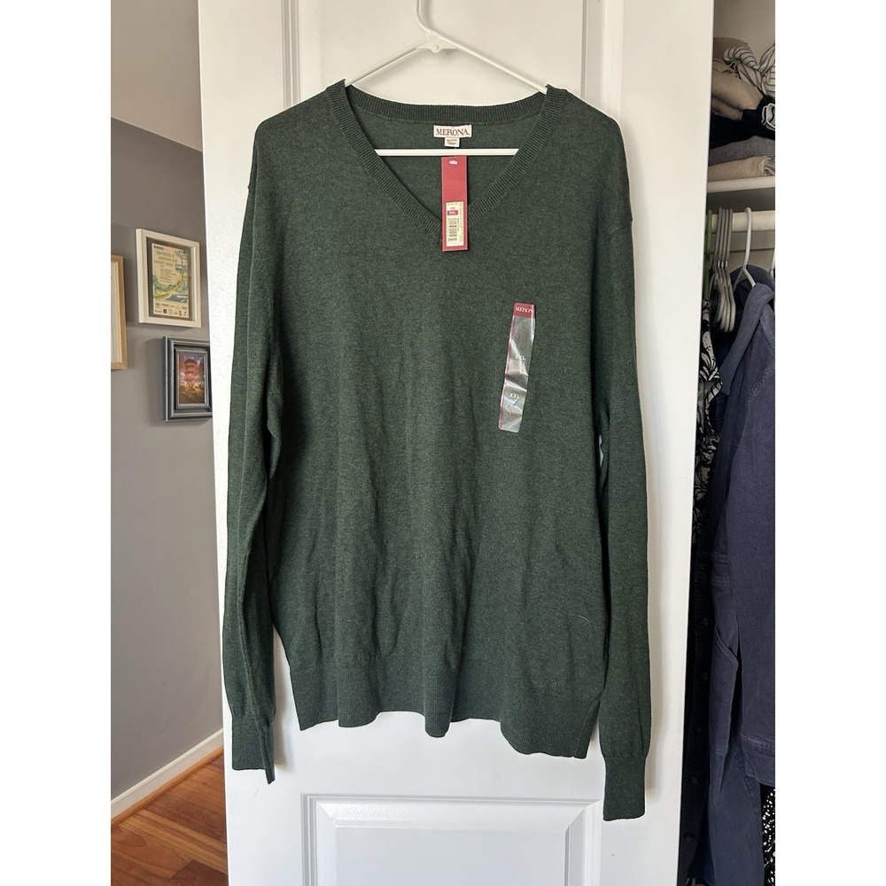 NWT Merona Mens Sweater Green V Neck Pullover Cotton Wool Long Sleeve Size XXL